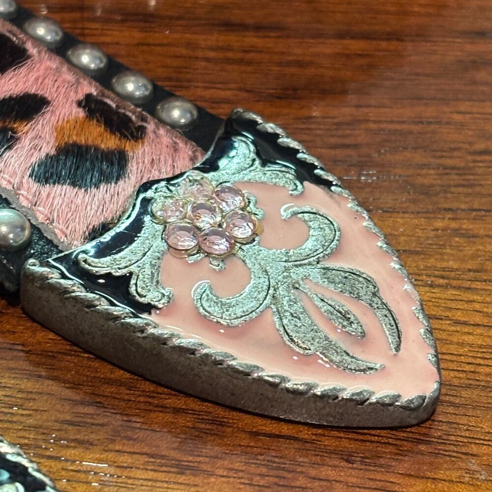 Y2K Pink Leopard Rhinestone Western Belt Studded Heavy Metal Buckle Cowgirl 41" - Picture 2 of 9